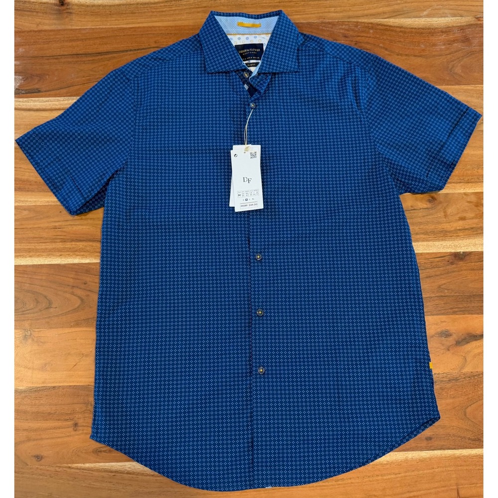 Denim & Flower Ricky Singh Mens Medium Blue Geometric Print Slim Fit Shirt NWT